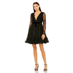 Mac Duggal Long Sleeve Deep V Lace Babydoll‎ Dress 49794 Black Size 2 MSRP $298